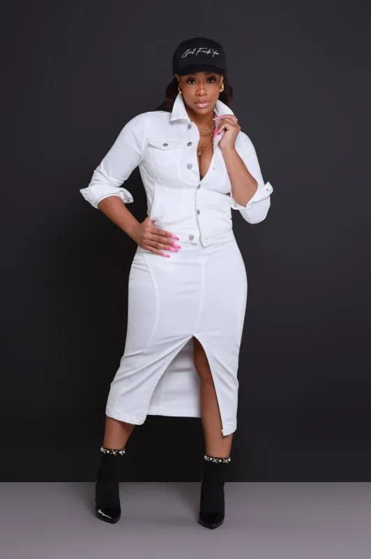 White Hot High Rise Denim Midi Skirt - White sold by Swankaposh