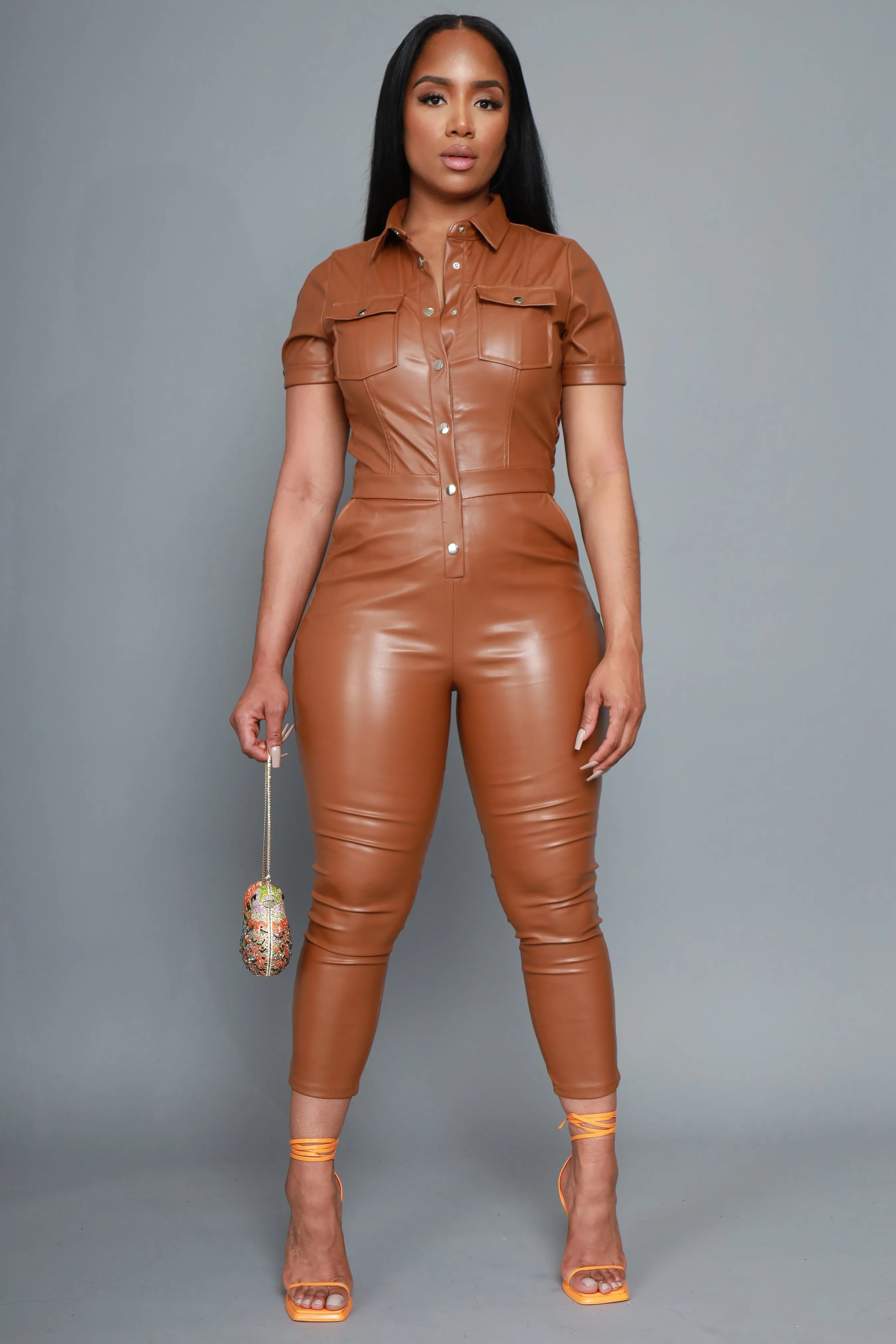 Run The Streets Faux Leather Jumpsuit - Cognac sold by Swankaposh product image thumbnail 3