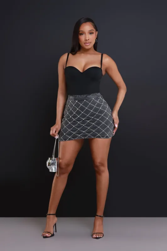 Love In The Club Rhinestone Denim Mini Skirt - Black sold by Swankaposh