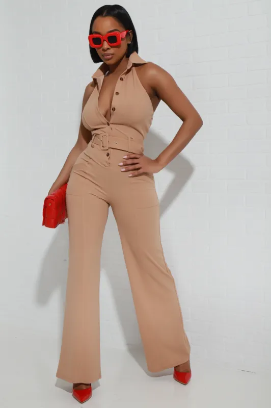 First Pick Halter Neck Belted Jumpsuit - Taupe sold by Swankaposh