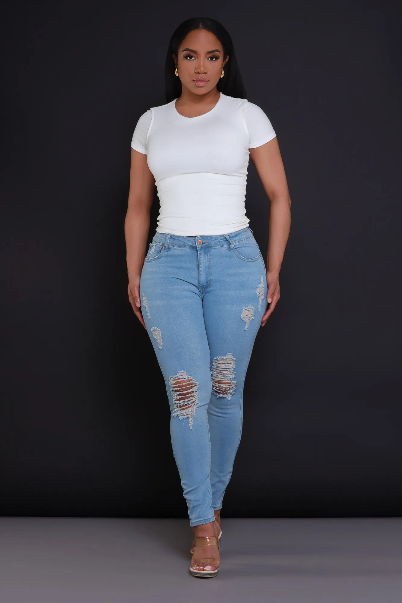 Heads Or Tails Hourglass Distressed Stretchy Jeans - Light Wash sold by Swankaposh