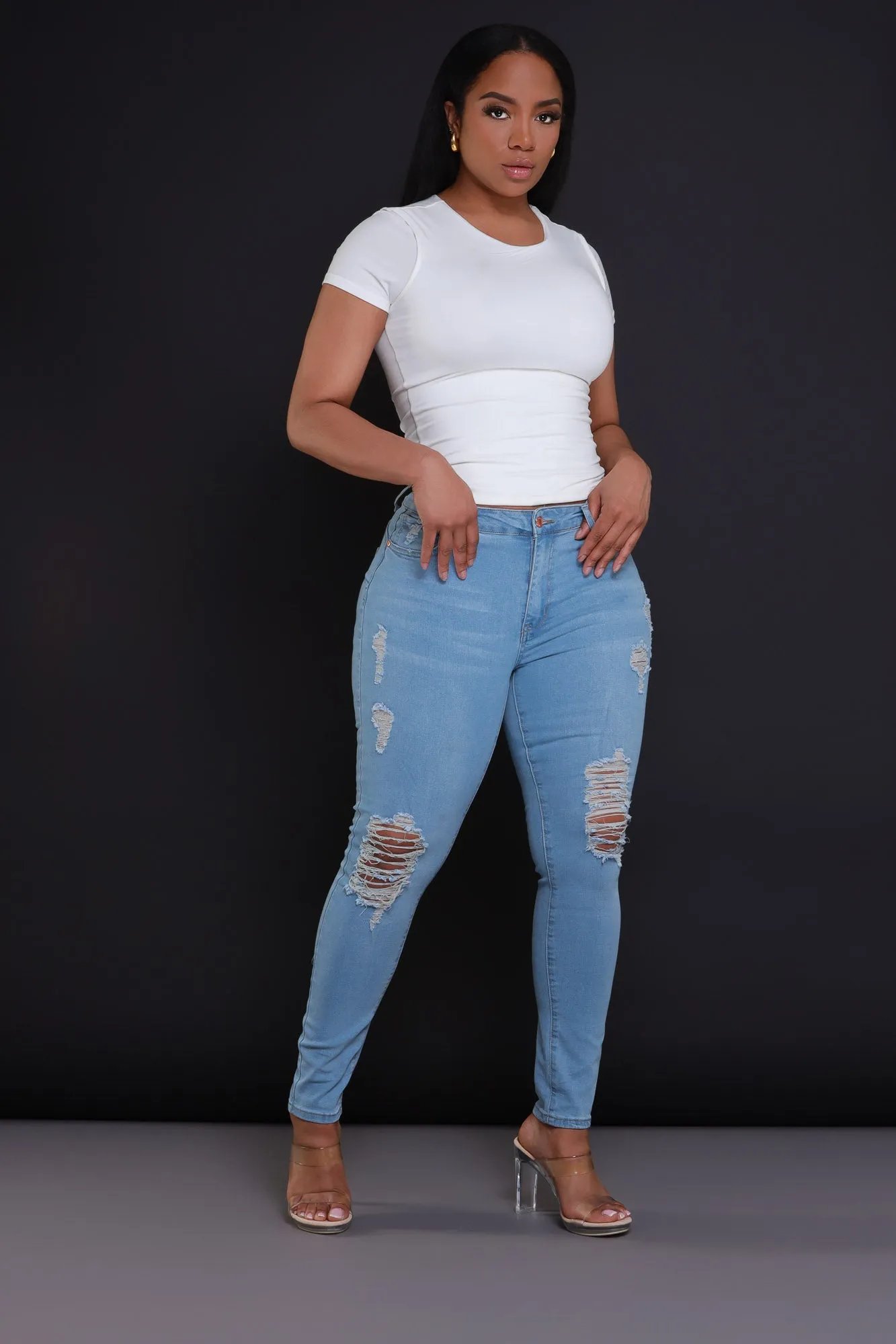 Heads Or Tails Hourglass Distressed Stretchy Jeans - Light Wash sold by Swankaposh product image thumbnail 4