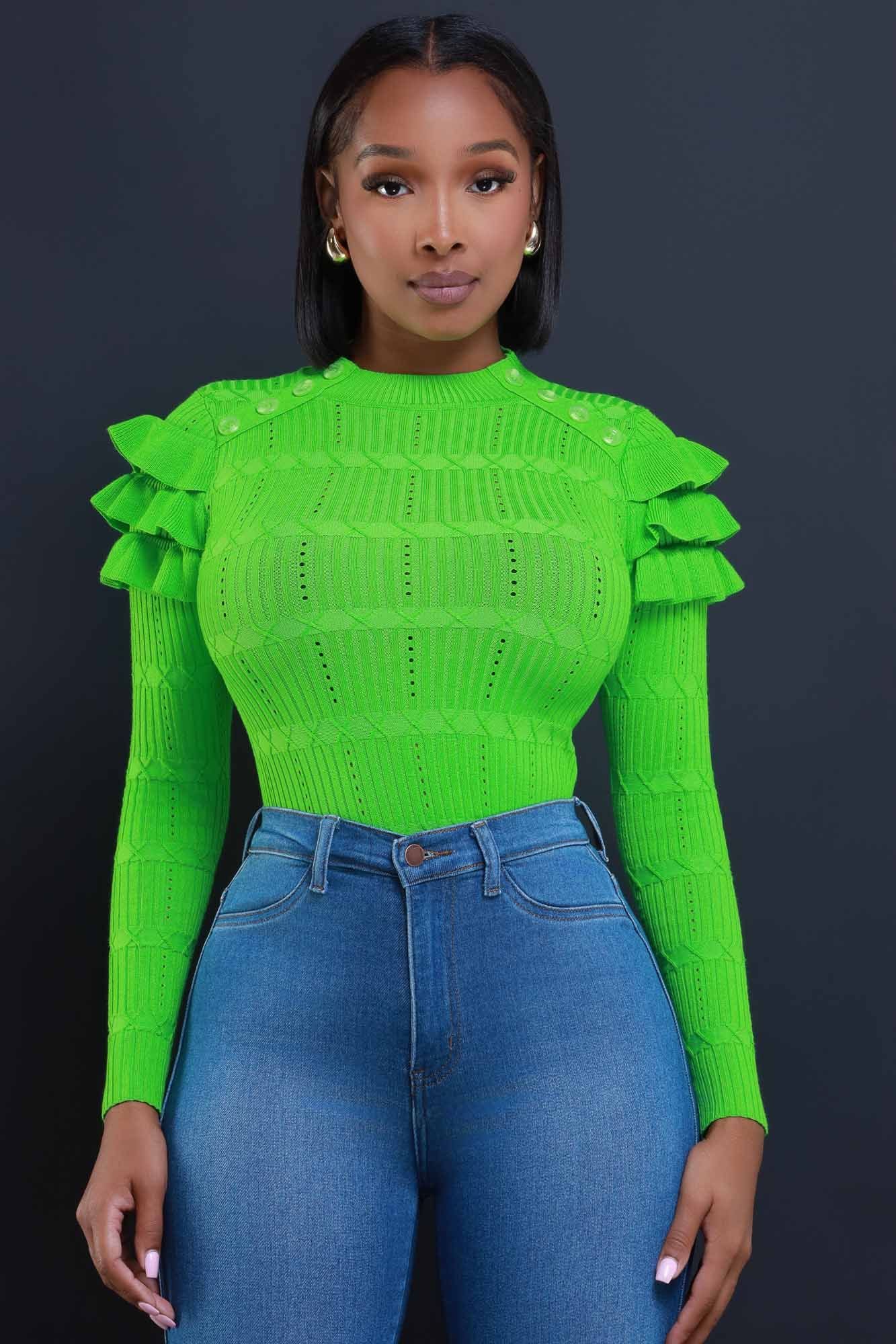 Maybe Not Ruffle Shoulder Turtleneck Sweater - Green sold by Swankaposh