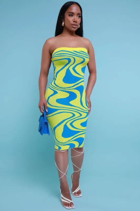 So Real Strapless Print Midi Dress - Lime/Blue sold by Swankaposh