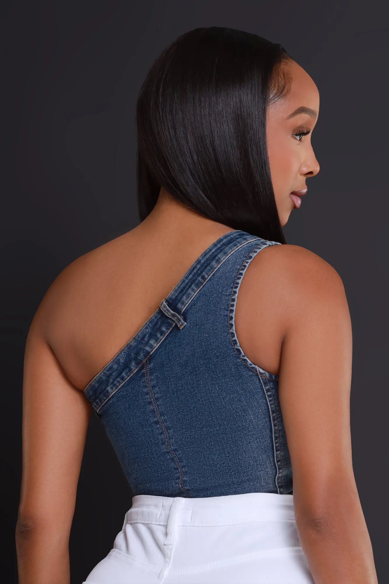 Raise Your Glass One Shoulder Denim Crop Top - Medium Wash sold by Swankaposh product image thumbnail 3