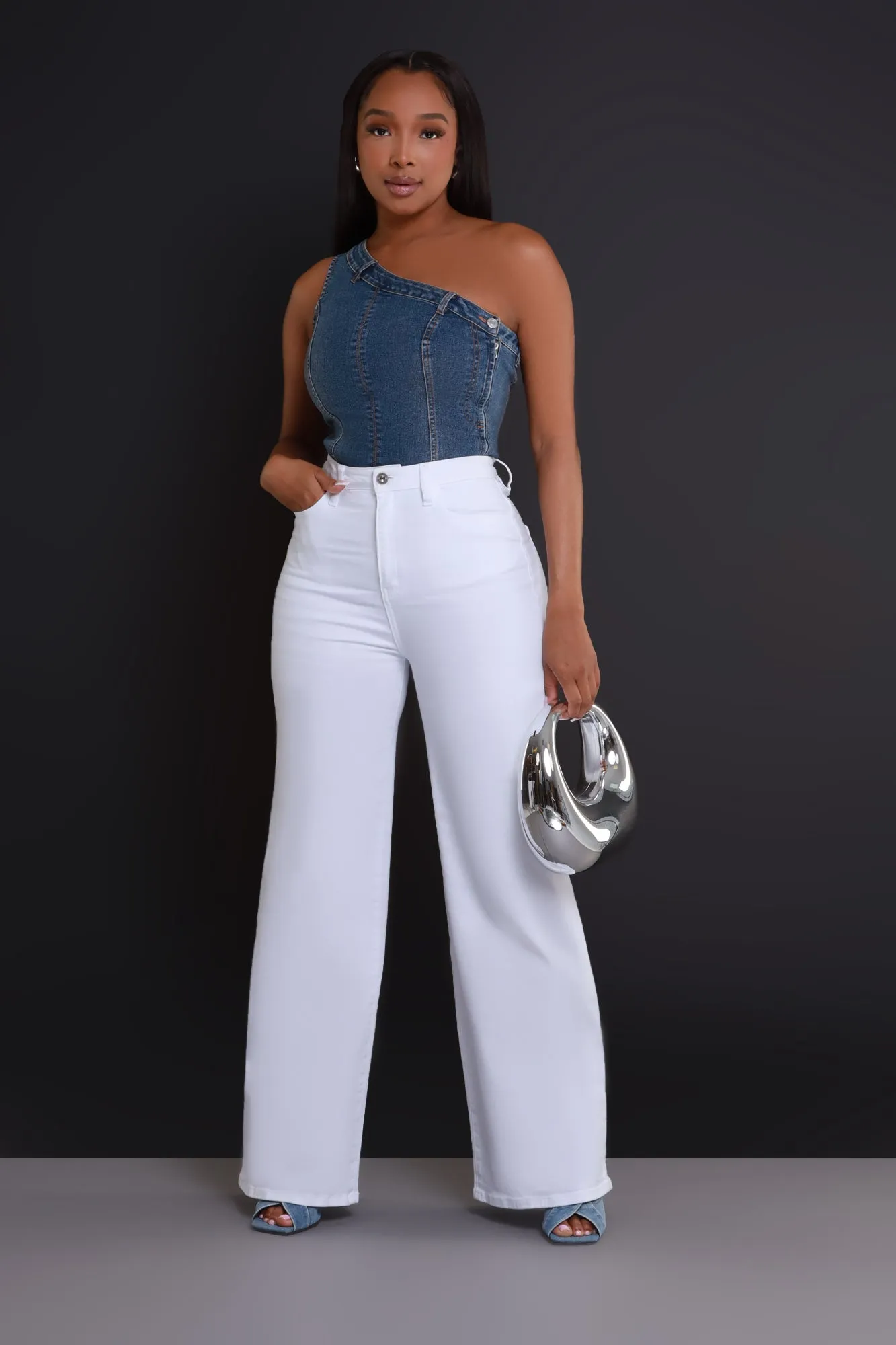 Raise Your Glass One Shoulder Denim Crop Top - Medium Wash sold by Swankaposh product image thumbnail 2