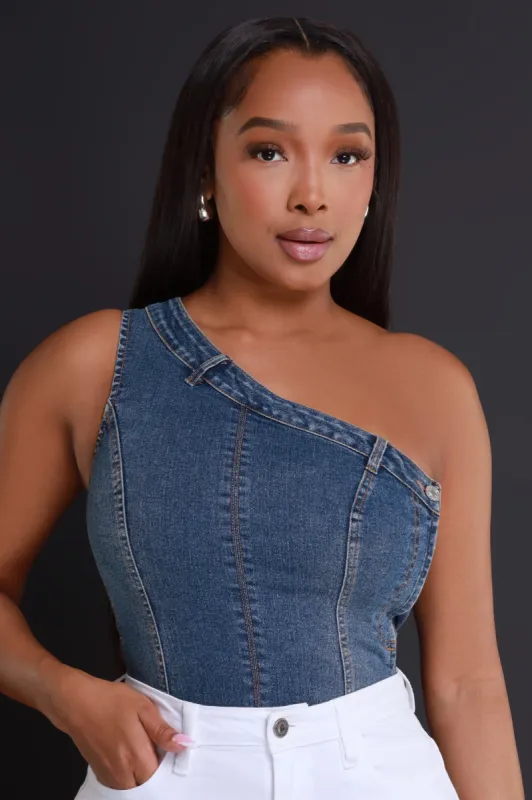 Raise Your Glass One Shoulder Denim Crop Top - Medium Wash sold by Swankaposh