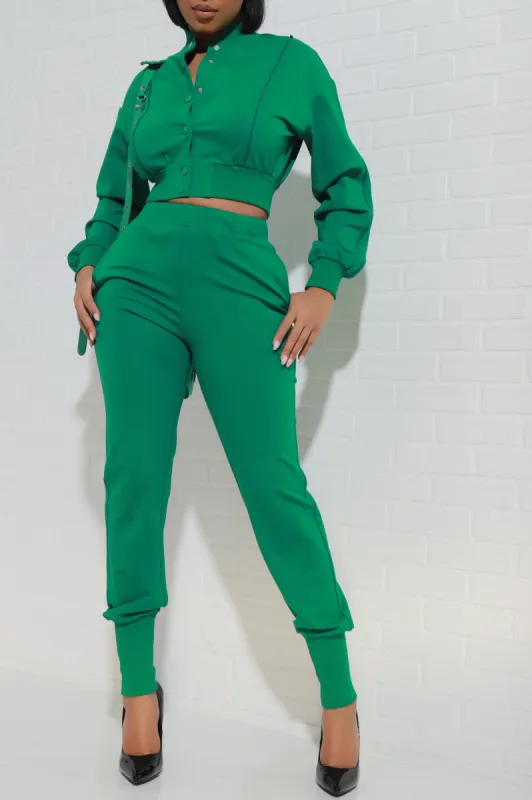 Top Priority Zippered Cropped Jogger Set - Green sold by Swankaposh