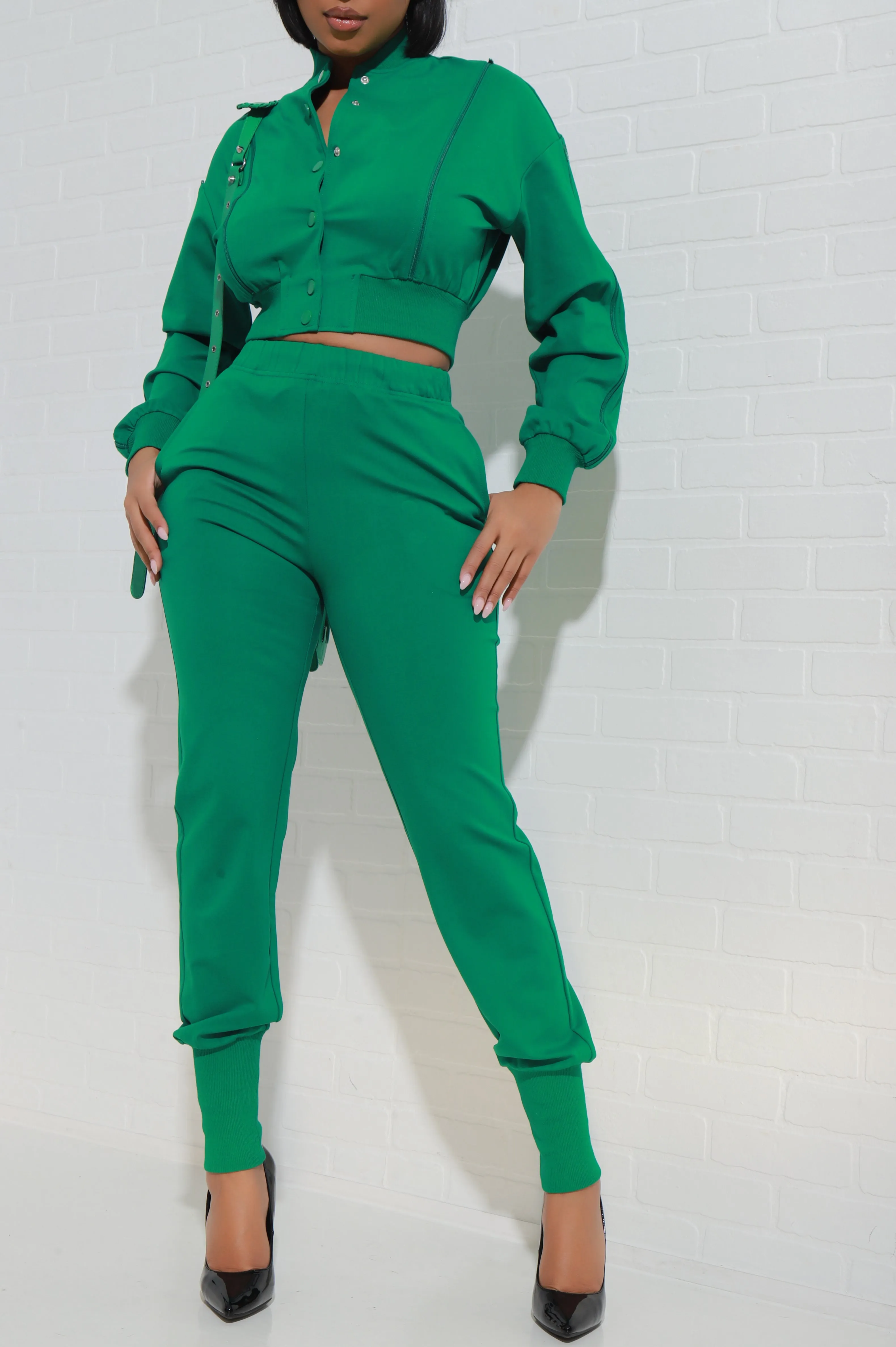 Top Priority Zippered Cropped Jogger Set - Green sold by Swankaposh
