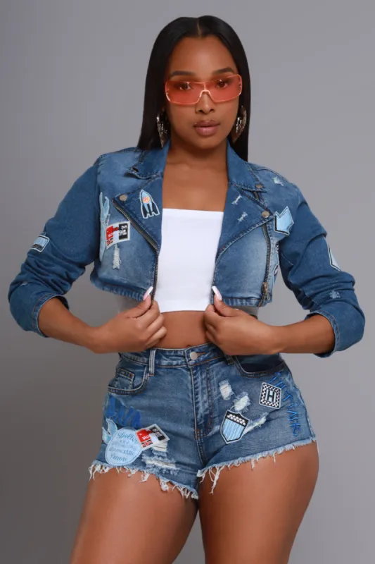 Hold Up Cropped Patchwork Denim Jacket - Med Wash sold by Swankaposh