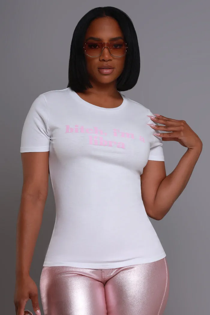 Libra Season Graphic Print T-Shirt - White/Pink sold by Swankaposh