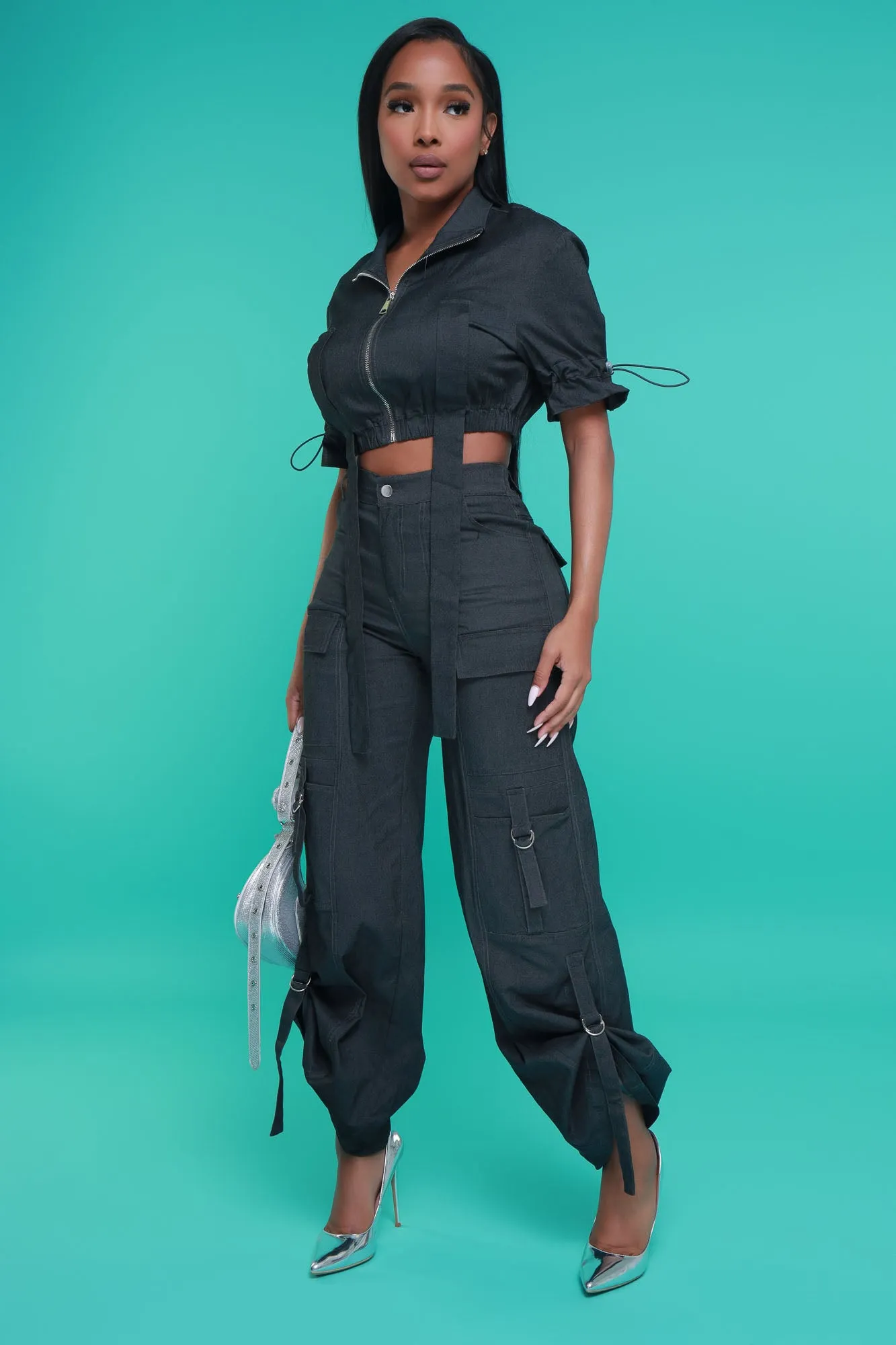 Runner Up Cropped Cargo Pants Set - Black Denim sold by Swankaposh product image thumbnail 2