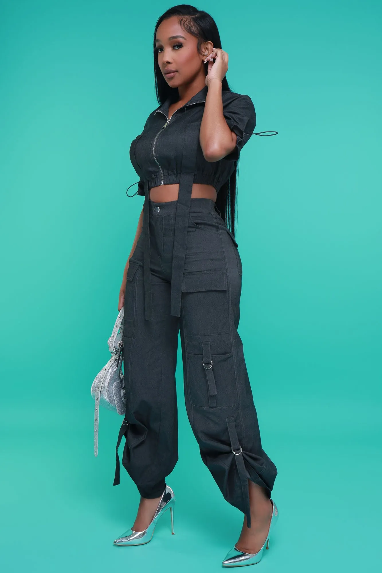 Runner Up Cropped Cargo Pants Set - Black Denim sold by Swankaposh product image thumbnail 5