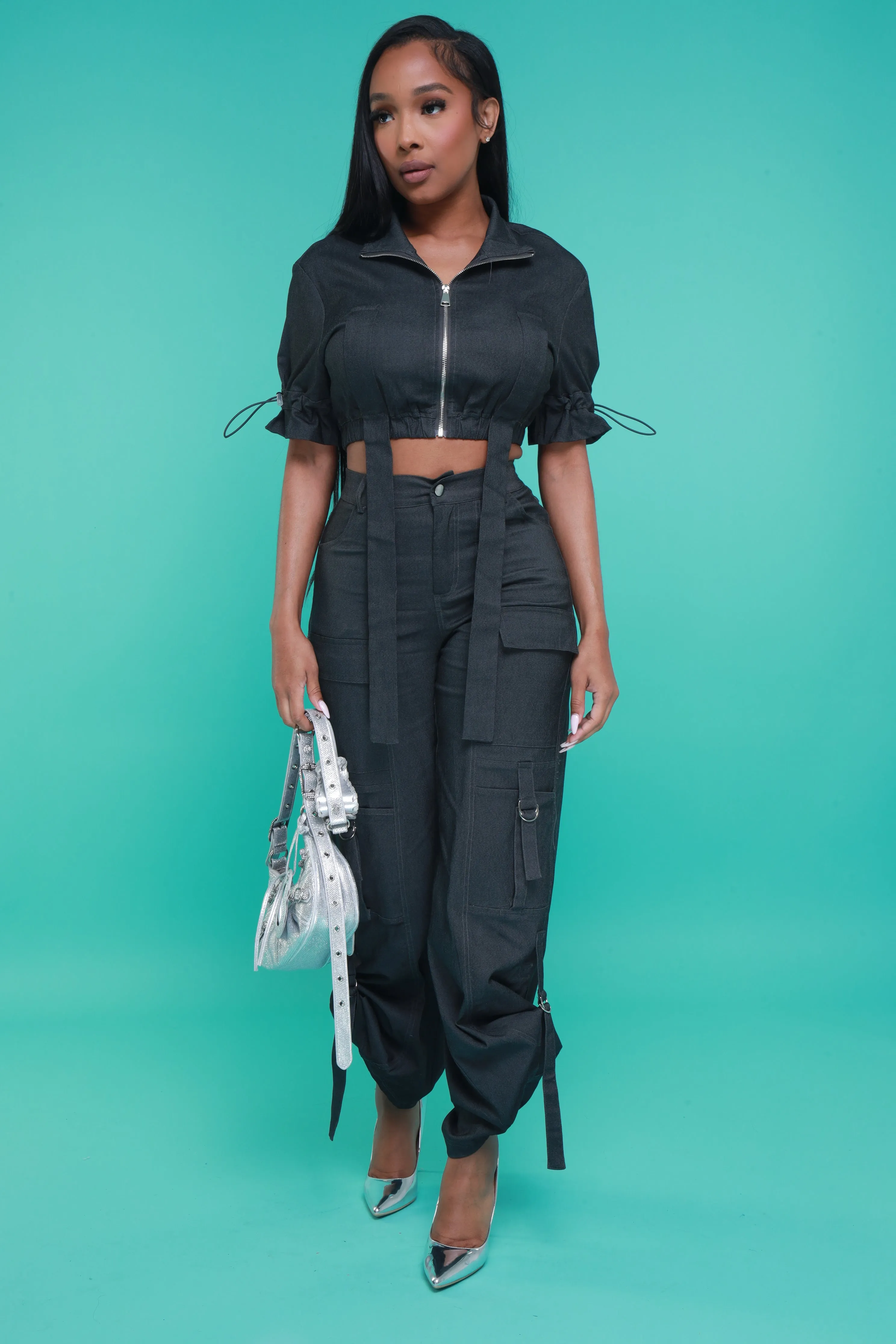 Runner Up Cropped Cargo Pants Set - Black Denim sold by Swankaposh product image thumbnail 4