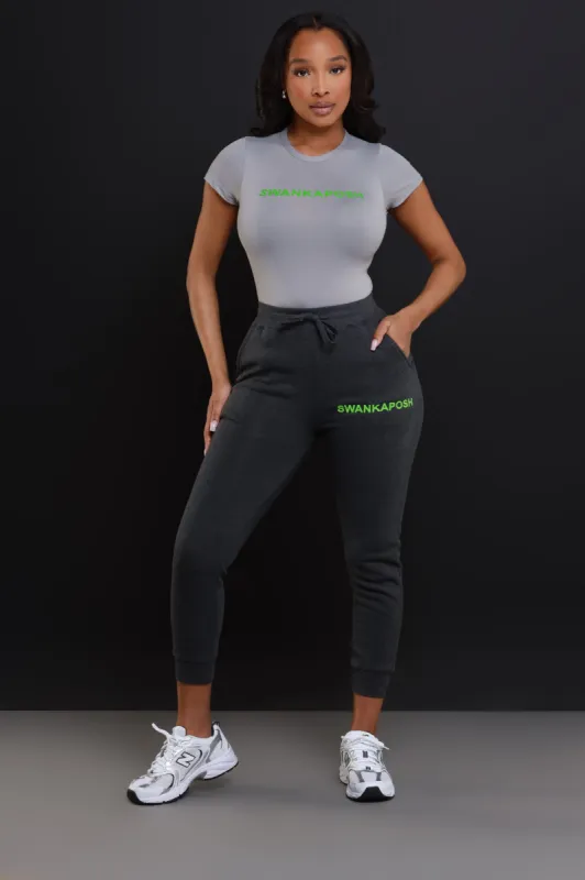 Swankaposh Logo Joggers - Charcoal Grey/Green sold by Swankaposh