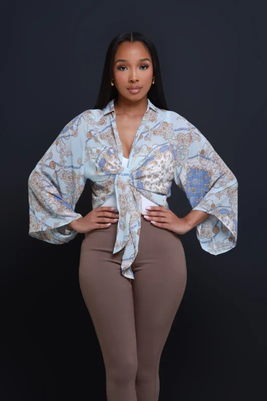 Fine Art Long Sleeve Print Tie Up Top - Aqua Chambray sold by Swankaposh