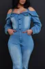 Risk It All Off Shoulder Denim Jumpsuit - Light Wash sold by Swankaposh