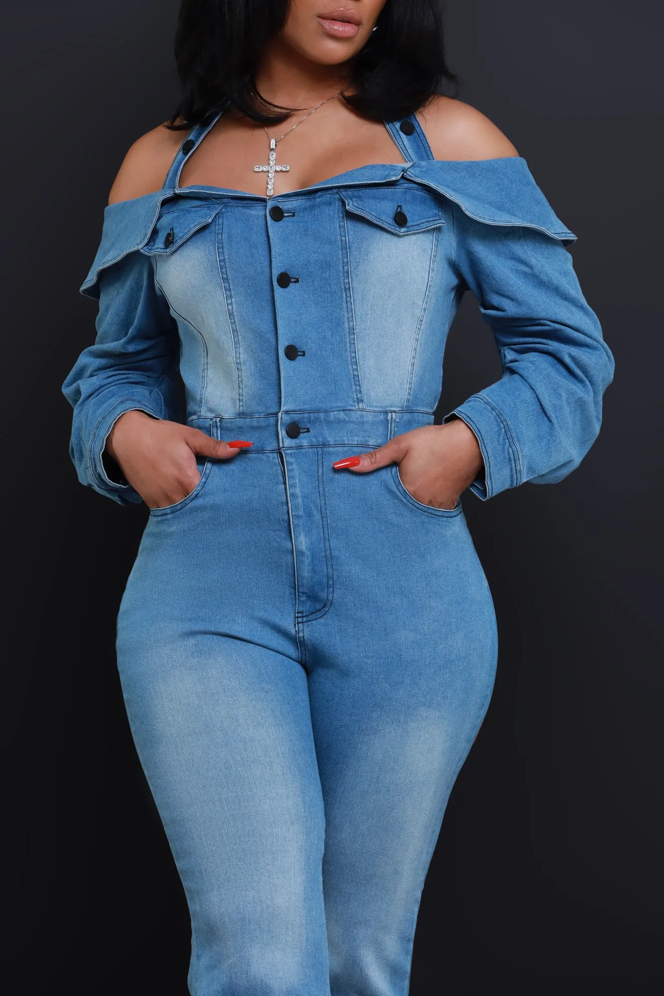 Risk It All Off Shoulder Denim Jumpsuit - Light Wash sold by Swankaposh product image thumbnail 2