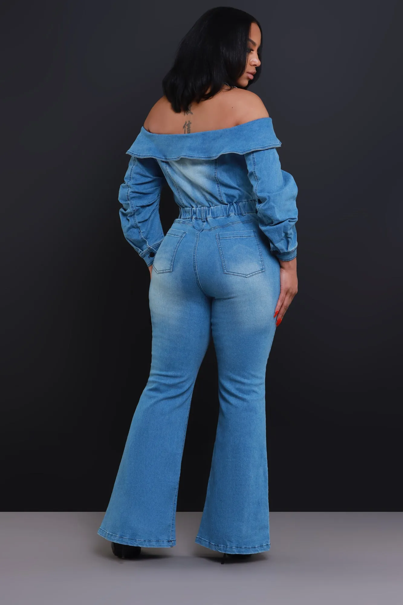 Risk It All Off Shoulder Denim Jumpsuit - Light Wash sold by Swankaposh product image thumbnail 3