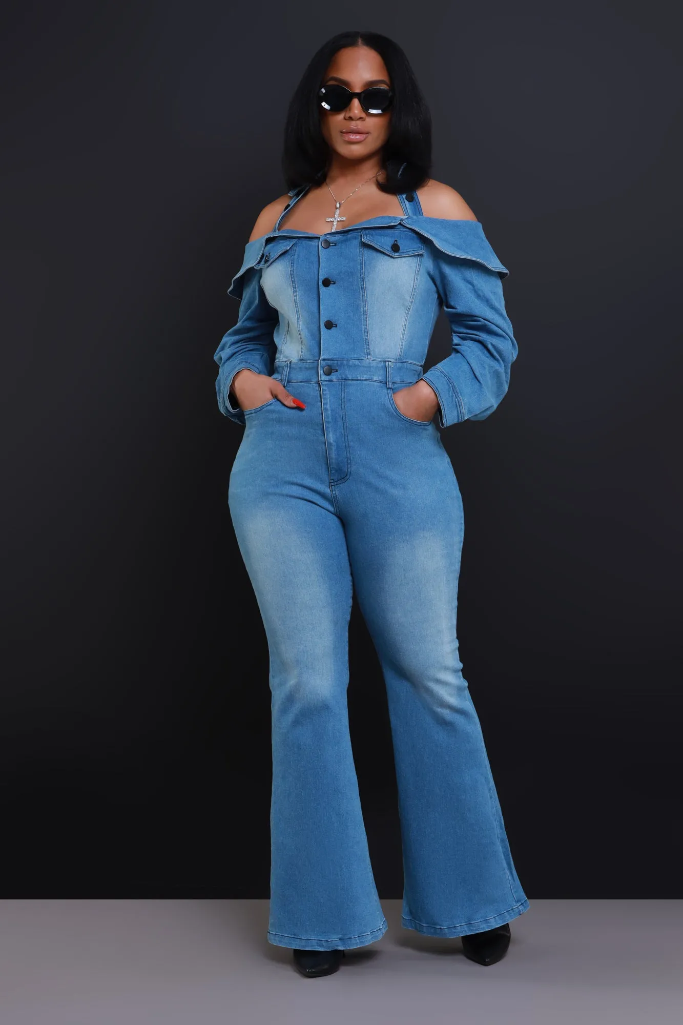 Risk It All Off Shoulder Denim Jumpsuit - Light Wash sold by Swankaposh product image thumbnail 4