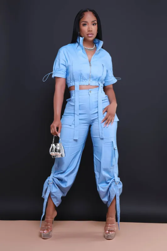 Runner Up Cropped Cargo Pants Set - Light Blue Denim sold by Swankaposh