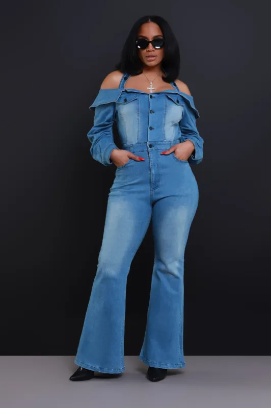 Risk It All Off Shoulder Denim Jumpsuit - Light Wash sold by Swankaposh