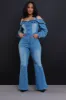 Risk It All Off Shoulder Denim Jumpsuit - Light Wash sold by Swankaposh