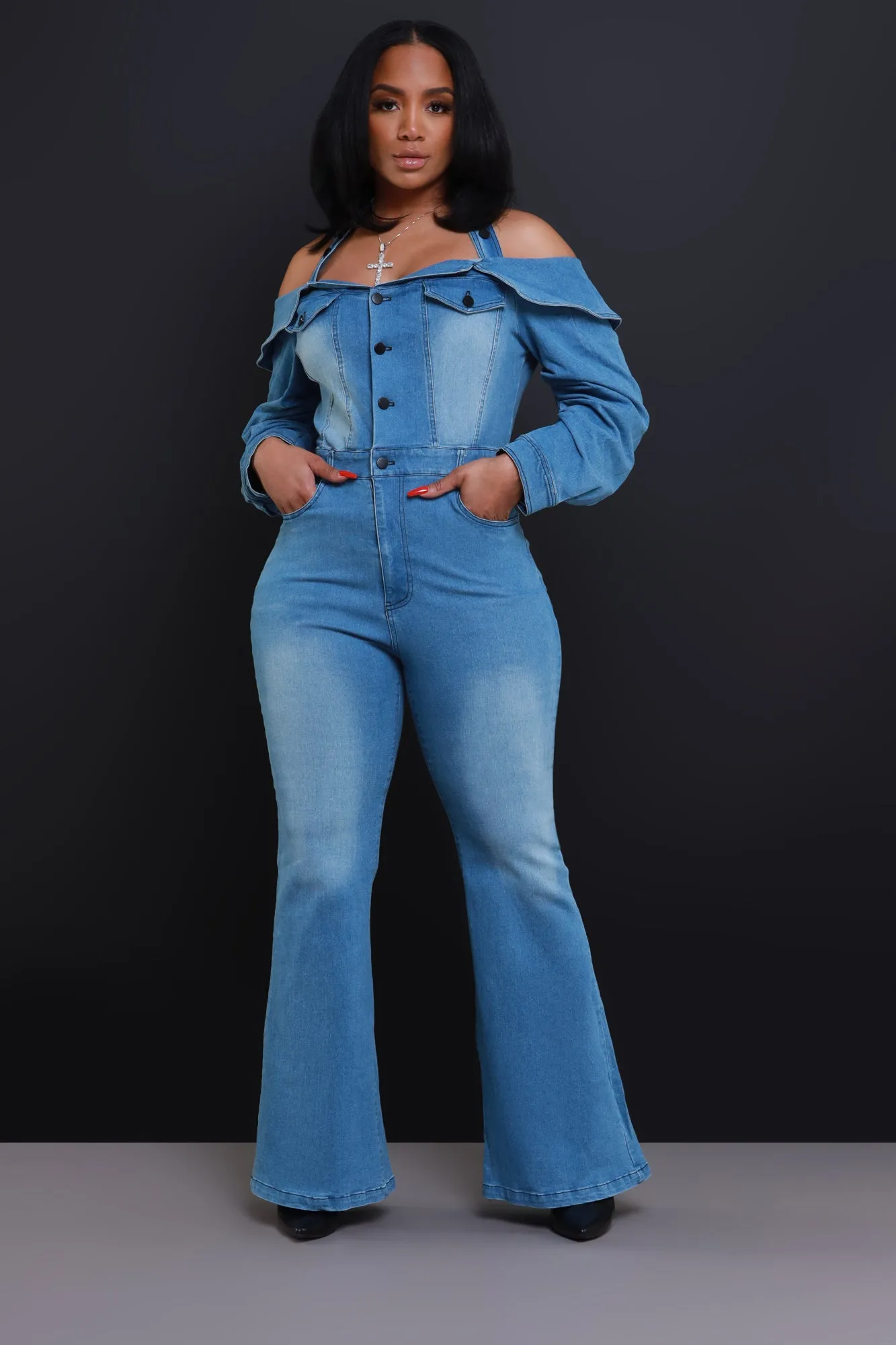 Risk It All Off Shoulder Denim Jumpsuit - Light Wash sold by Swankaposh product image thumbnail 5