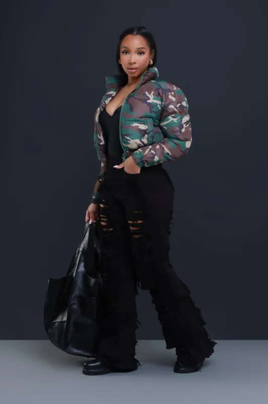 Fake Out Camo Cropped Puffer Coat - Olive sold by Swankaposh