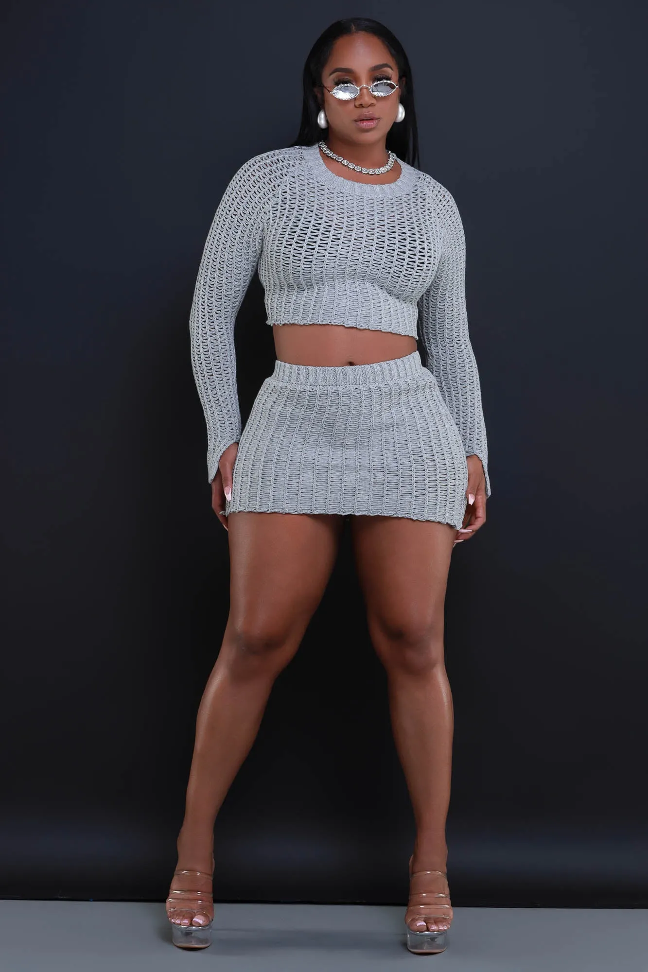 Cloud Nine Cropped Knit Skirt Set - Grey sold by Swankaposh product image thumbnail 2
