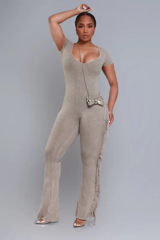 Too Slick Mineral Wash Fringe Jumpsuit - Taupe sold by Swankaposh