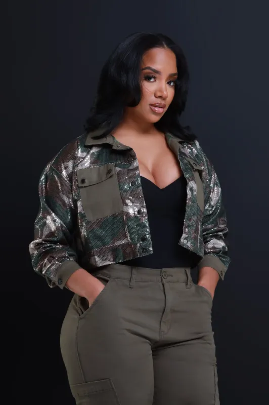No Apology Cropped Sequin Camouflage Jacket - Olive sold by Swankaposh