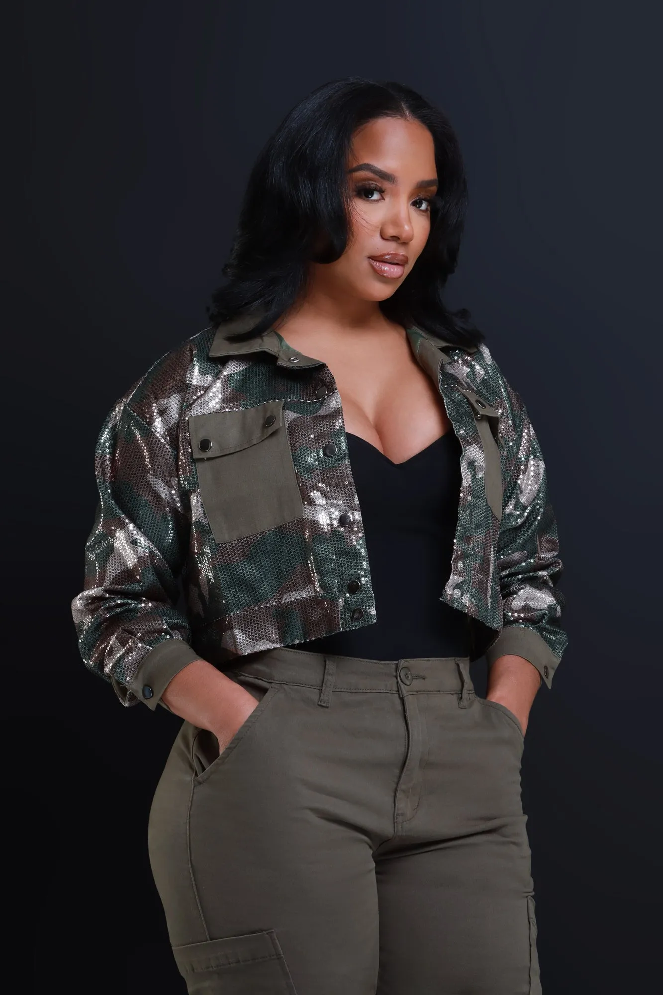 No Apology Cropped Sequin Camouflage Jacket - Olive sold by Swankaposh