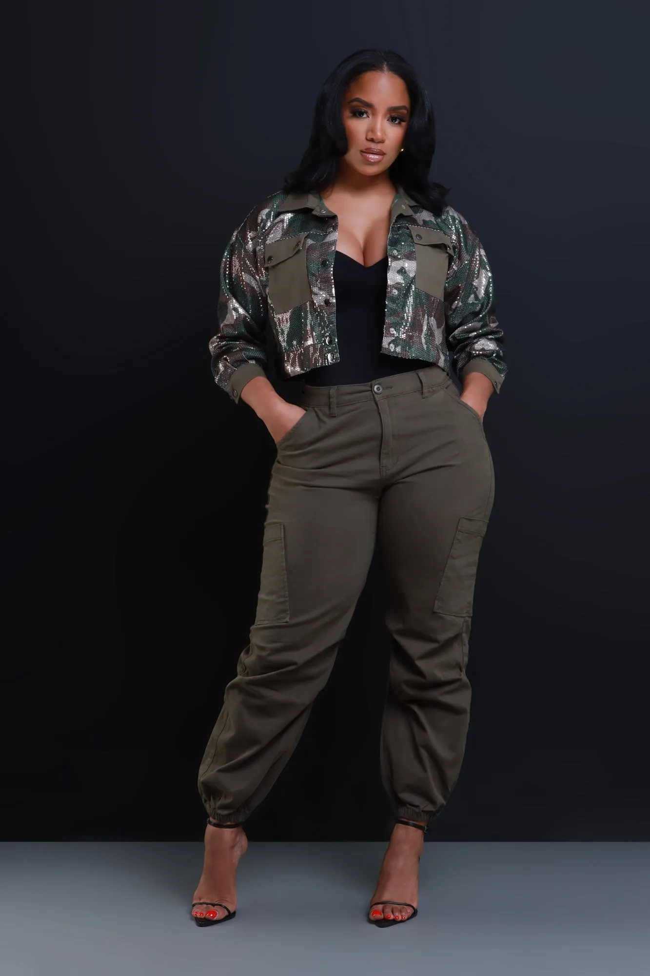 No Apology Cropped Sequin Camouflage Jacket - Olive sold by Swankaposh product image thumbnail 2