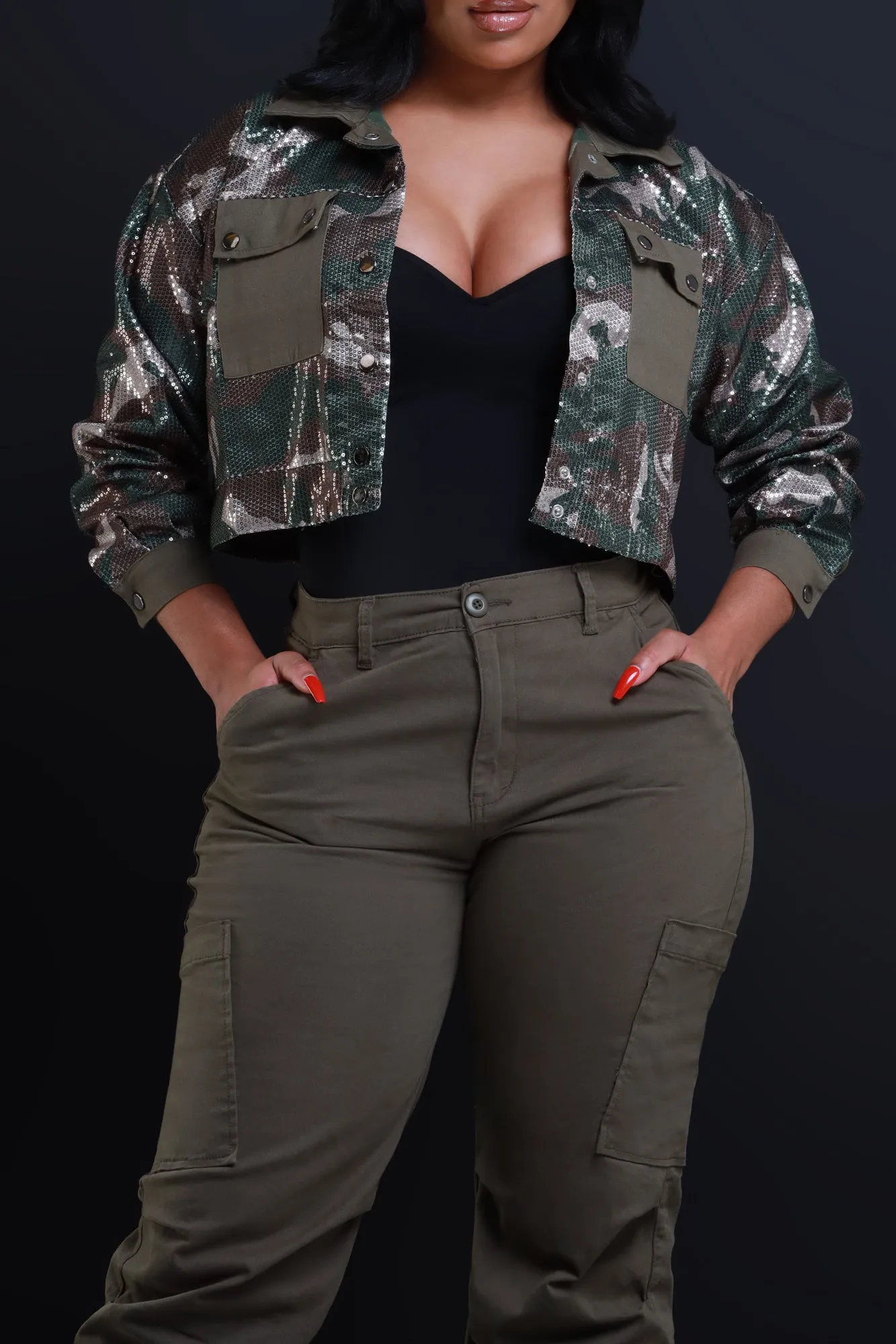 No Apology Cropped Sequin Camouflage Jacket - Olive sold by Swankaposh product image thumbnail 5