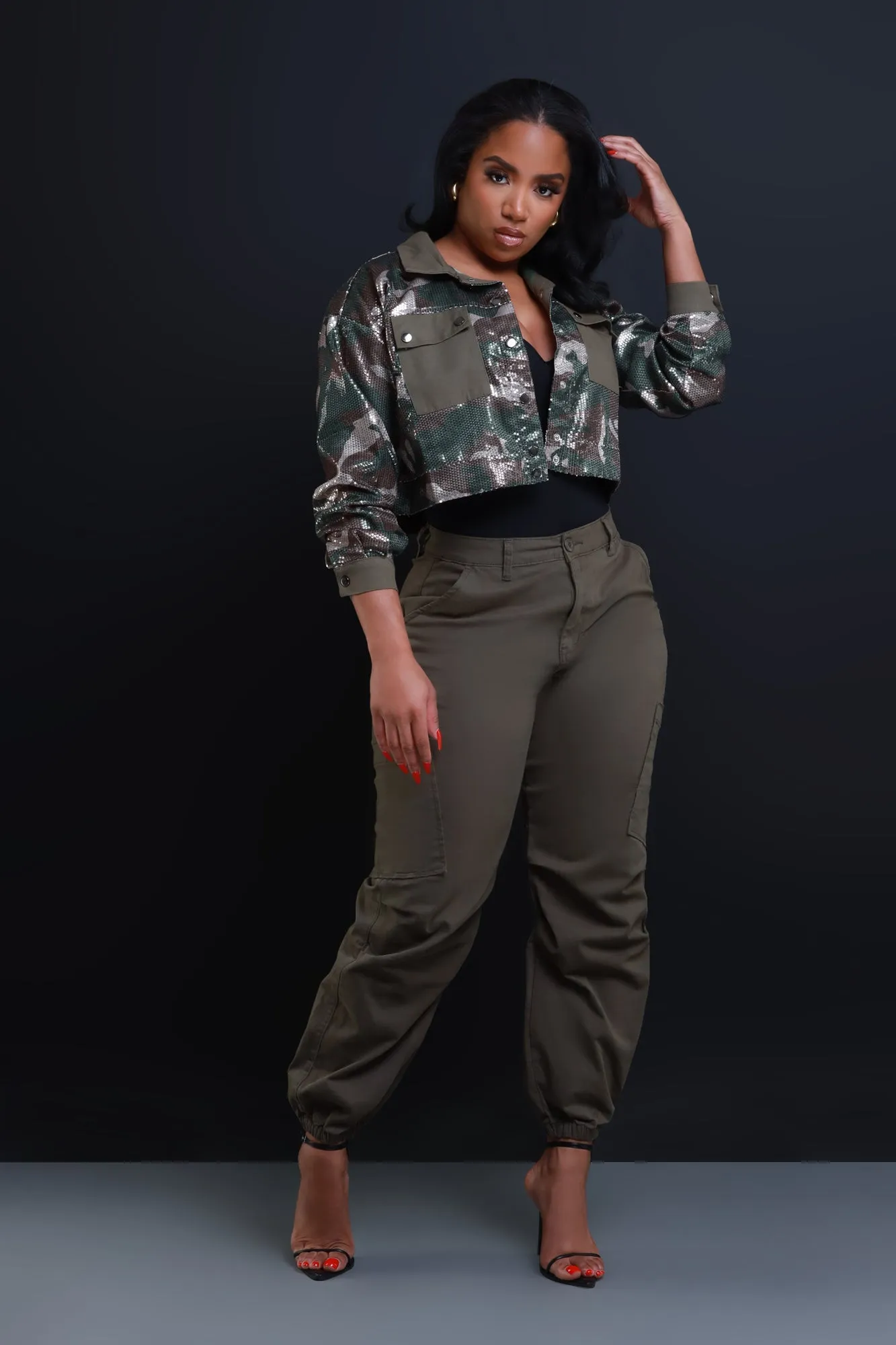 No Apology Cropped Sequin Camouflage Jacket - Olive sold by Swankaposh product image thumbnail 4