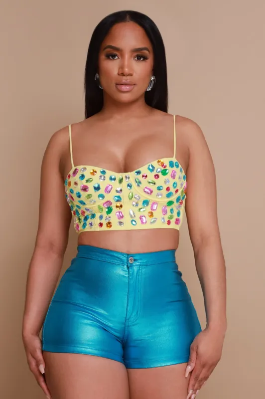 Rich Flex Jewel Embellished Corset Crop Top - Yellow sold by Swankaposh