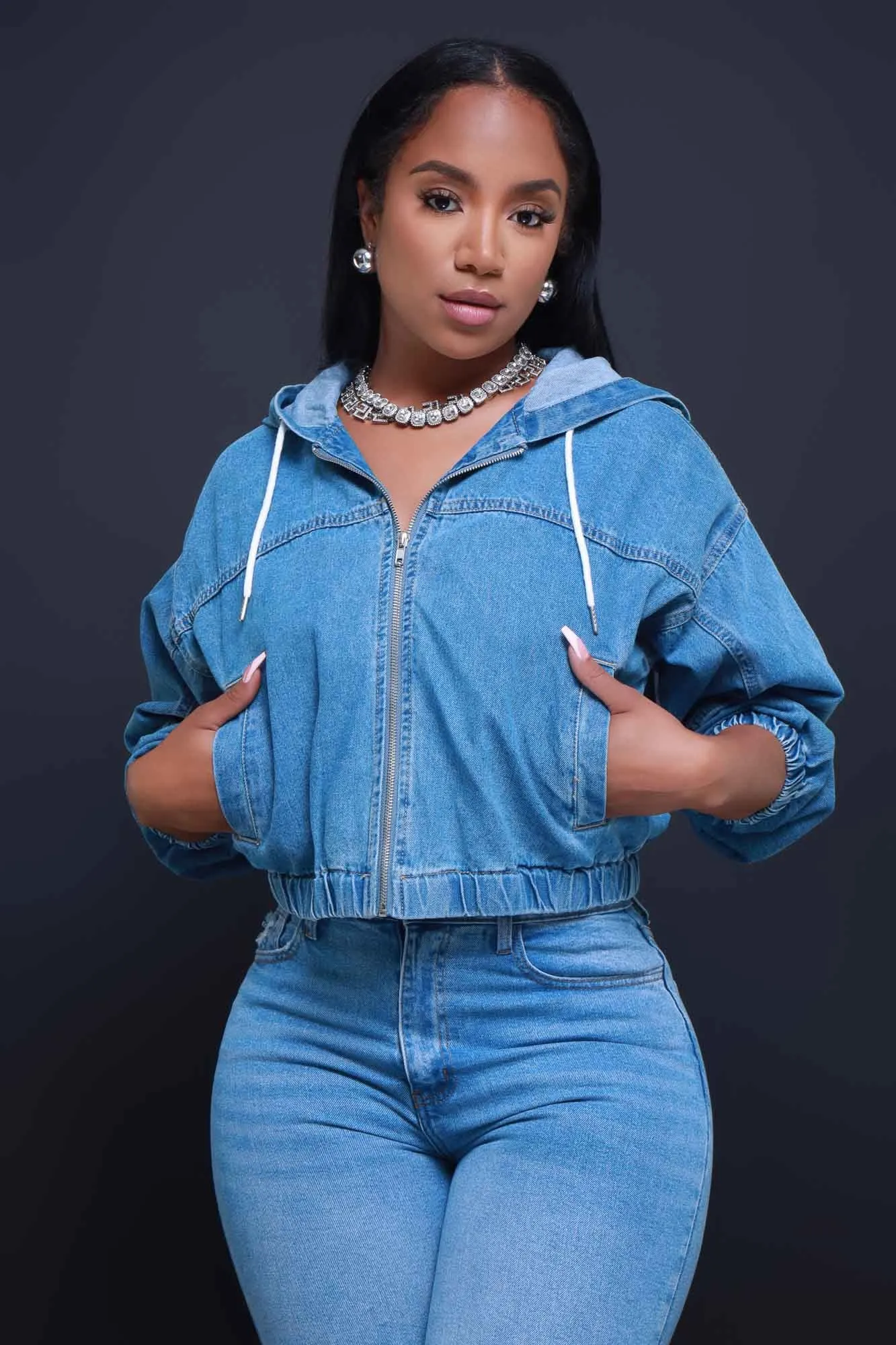 Give It A Shot Hooded Denim Jacket - Blue sold by Swankaposh