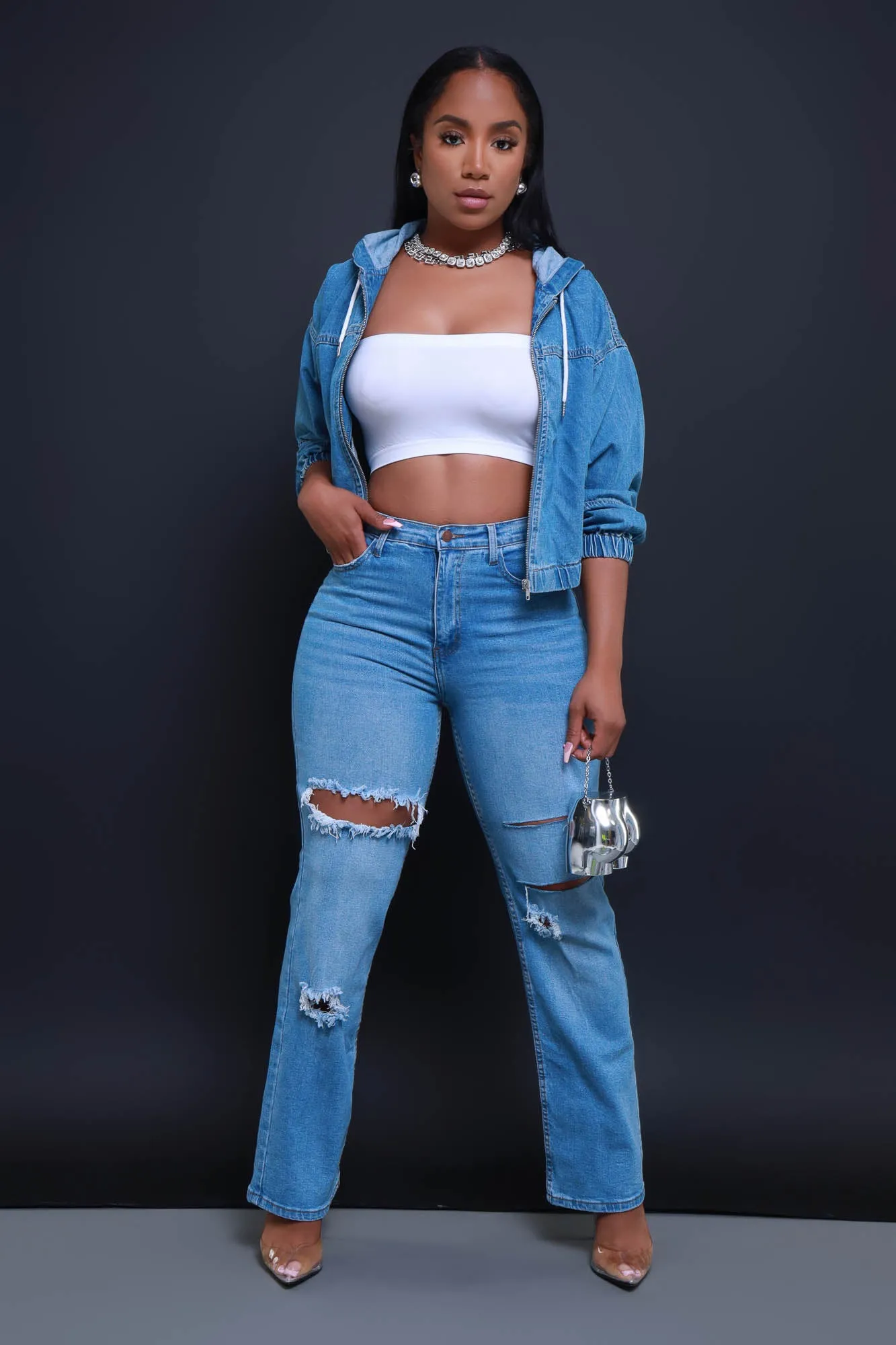 Give It A Shot Hooded Denim Jacket - Blue sold by Swankaposh product image thumbnail 4