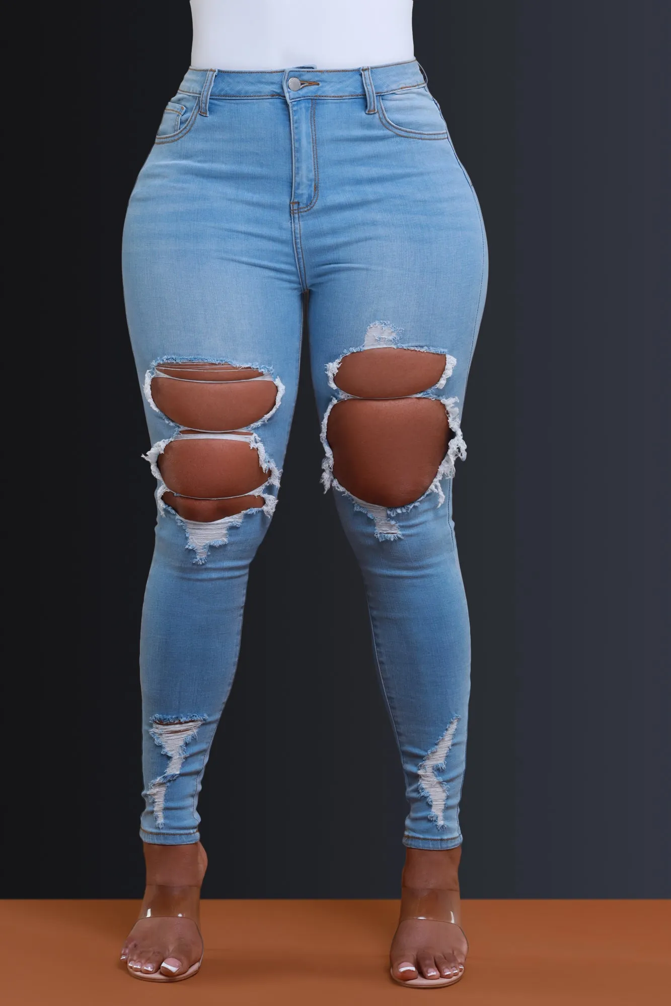 Overtime Hourglass Distressed Skinny Jeans - Light Wash sold by Swankaposh product image thumbnail 4