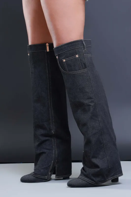 By Your Side Knee High Layered Denim Boots - Black sold by Swankaposh
