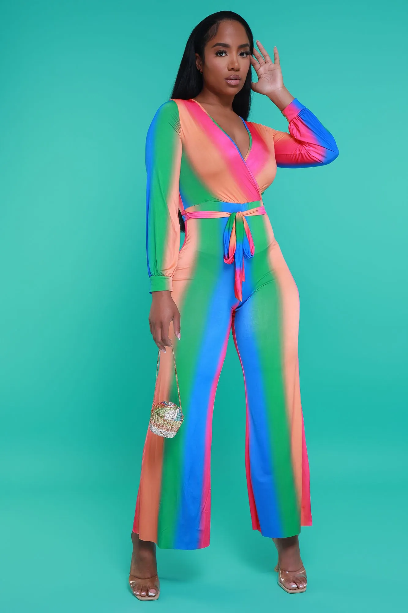 New Reality Belted Jumpsuit - Blue Multicolor sold by Swankaposh