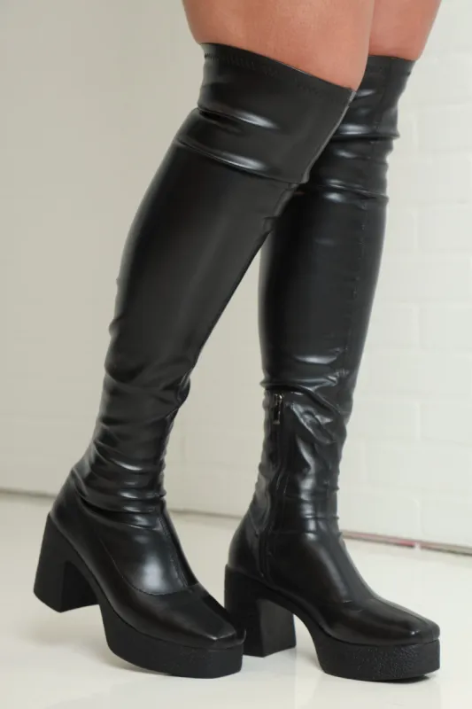 Next Gen Faux Leather Thigh High Chunky Boots - Black sold by Swankaposh