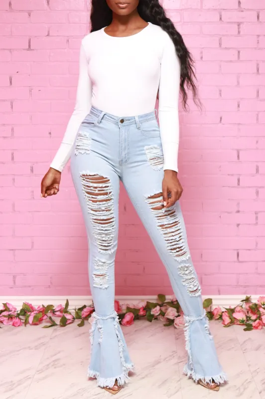 Cutting Corners Distressed Flare Jeans - Light Wash sold by Swankaposh