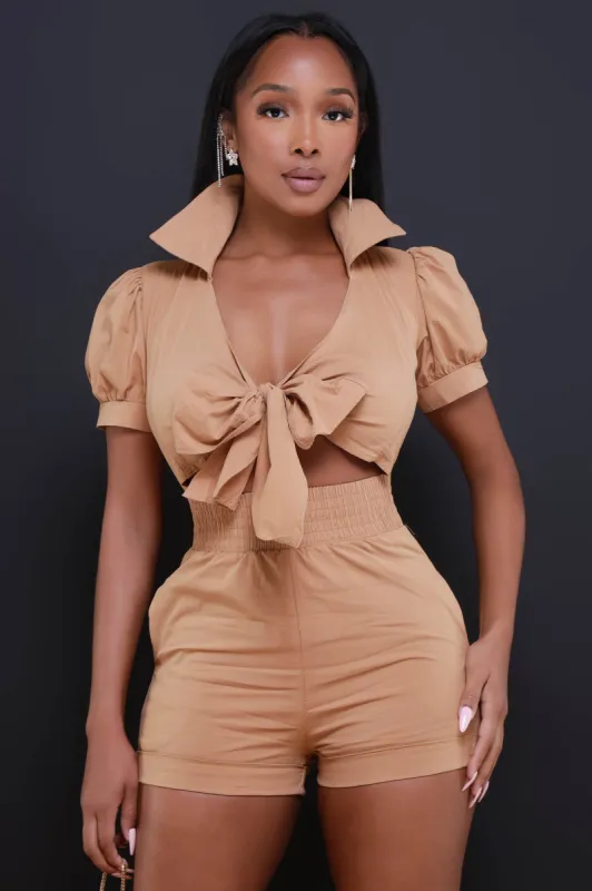 Ever After Short Sleeve Cut Out Romper - Brown sold by Swankaposh
