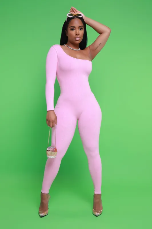 Overdrive Cellulite Deleter One Shoulder Jumpsuit - Pink sold by Swankaposh
