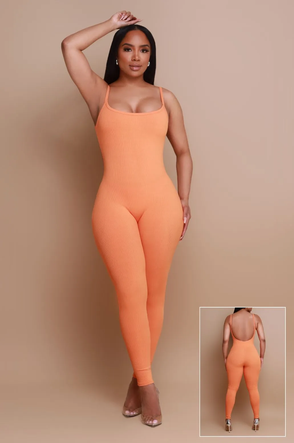 Beat Drop Cellulite Deleter Open Back Jumpsuit - Orange sold by Swankaposh