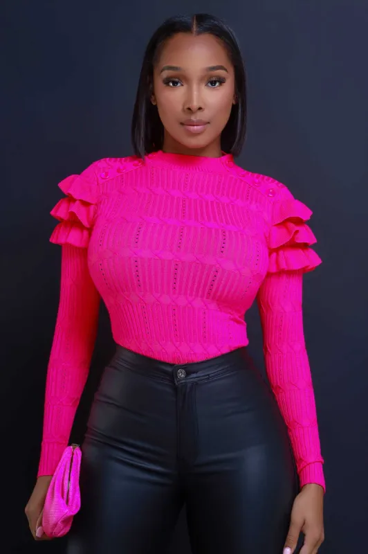 Maybe Not Ruffle Shoulder Turtleneck Sweater - Magenta sold by Swankaposh