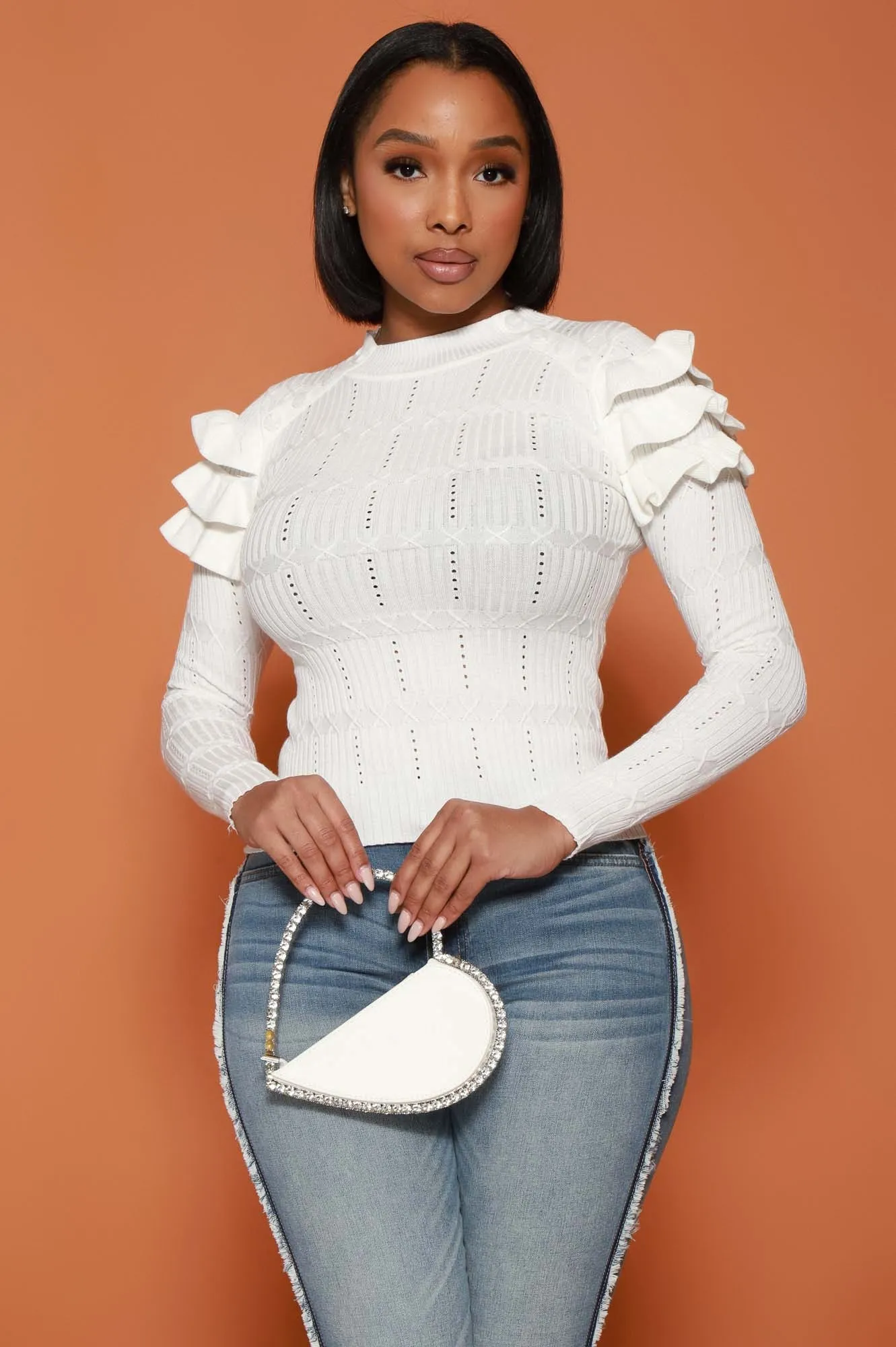 Maybe Not Ruffle Shoulder Turtleneck Sweater - White sold by Swankaposh