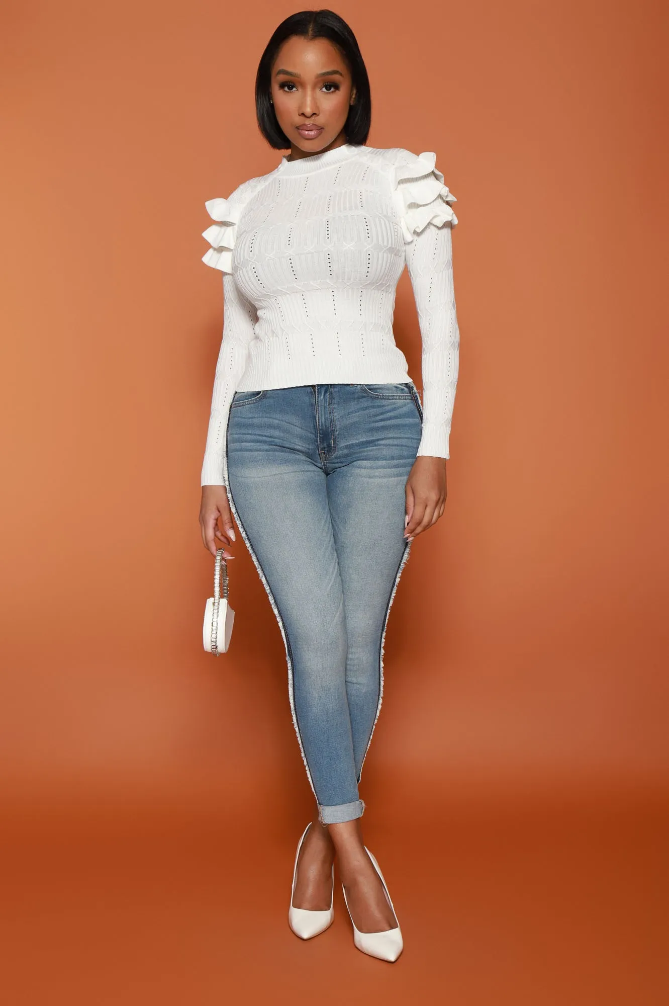 Maybe Not Ruffle Shoulder Turtleneck Sweater - White sold by Swankaposh product image thumbnail 2